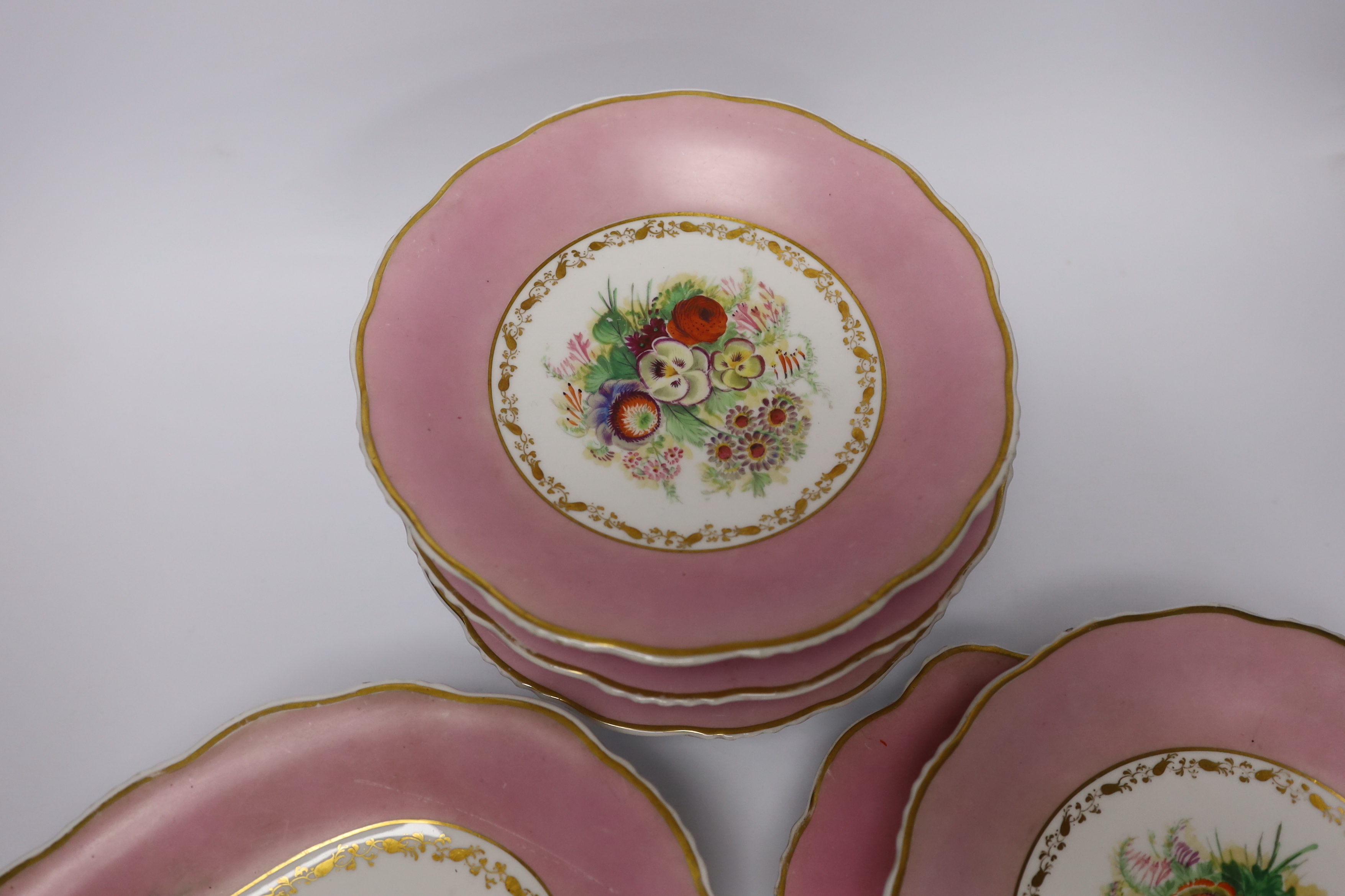 A seven piece dessert set, floral painted, impressed anchor mark